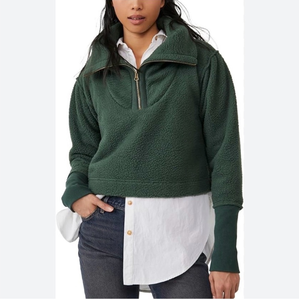 Free People Green Fleece Quarter-Zip Pullover